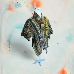 JAPANALIA Multicolor 100% Wool Open Front Cardigan. Handmade. One Size. $70.